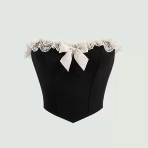 Black Corset Top with Cream Lace and Bow